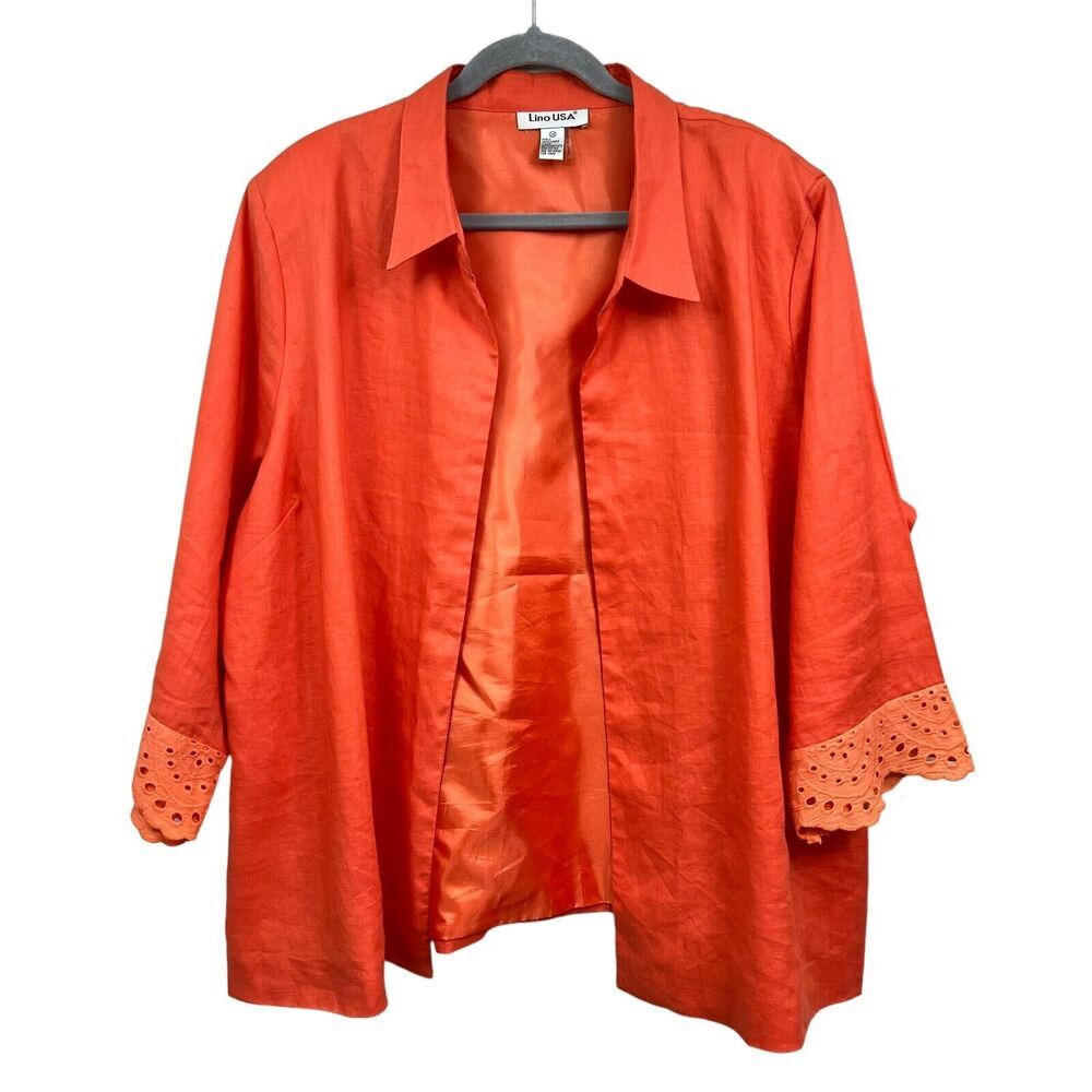 Lino USA Women Linen Blazer Open Front Eyelet Scalloped Cuffed Sleeve Orange 3x*